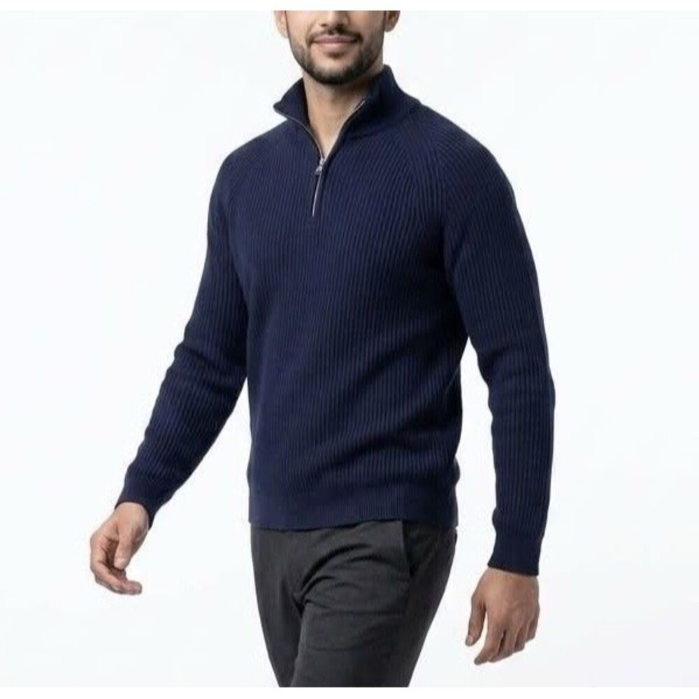 Next Men’s Navy Blue Turtleneck Half Zip Jumper Size L Waffle Knit